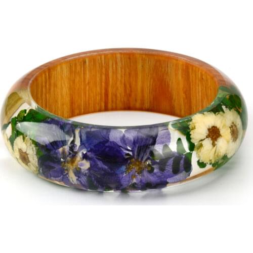 2018 New Handmade Resin Bangle Bracelet Mixed Dried Flower Purple Pink Green Leaf Bohemia Style Jewelry for Christmas Gift