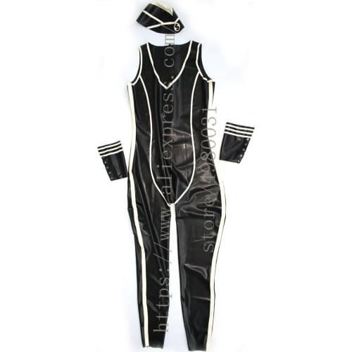 Neck entry design womens uniform military black latex bodysuit including cap and guard gloves with white stripes decorations