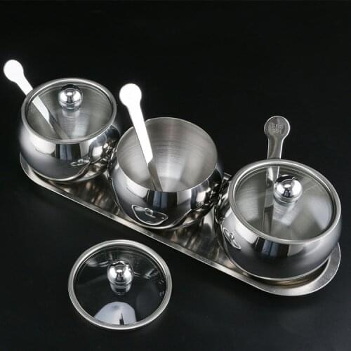 Stainless Steel Seasoning Pot With Spoon Set Kitchen Household Seasoning Box MSG Salt Seasoning Pot
