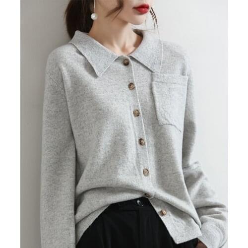 100% Pure Wool Knitted Cardigans Shirt Collar Sweaters Female New Fashion Long Sleeve Women Jackets
