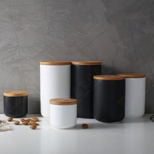 Ceramics Storage Jar Wooden Cover Cereal Dispenser Jars Snacks Storage Tank Spice Storage Organizer Can Home Decoration Modern