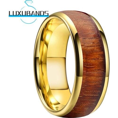 Tungsten Carbide Rings For Womens Mens Gold 8MM Koa Wood Inlay Wedding Bands Polished Finished Comfort Fit