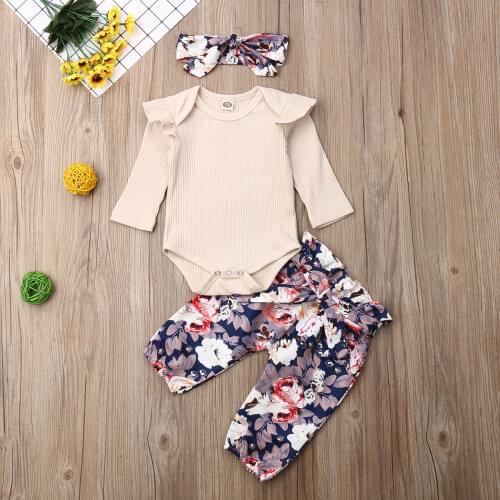 Pudcoco 2019 Autumn Newborn Baby Girl Clothes Solid Color Knitting Cotton Romper Tops Flower Print Long Pants Headband 3Pcs Set