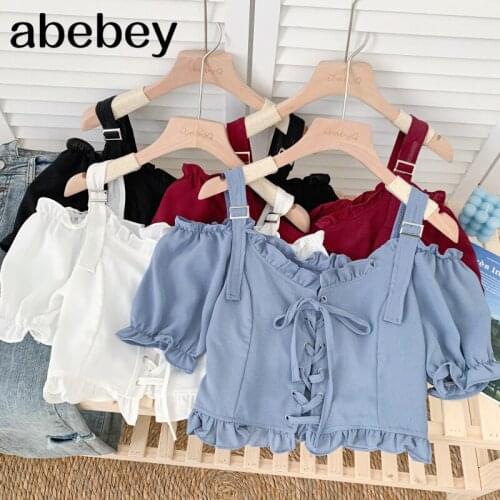 Sweet off shoulder slash neck puff sleeve Shirt cross bandage Edible Tree Fungus edge short Shirt Top 2021 New Summer