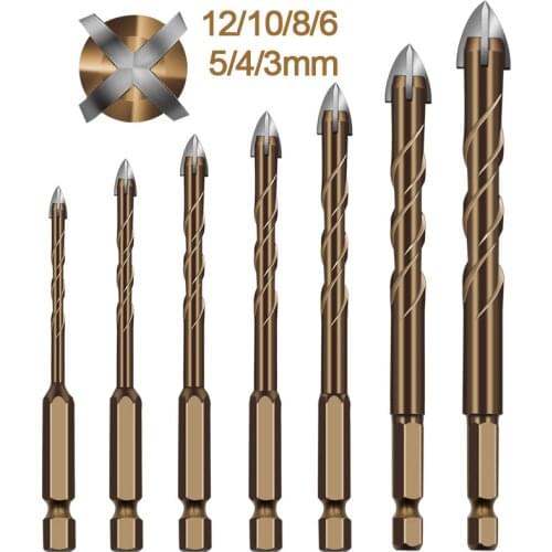 Multitool Hexagonal Shank Spiral Groove Cross Head Ceramic Glass Concrete Drill Bit Carbide Hole Opener Set 3/4/5/6/8/10/12 MM