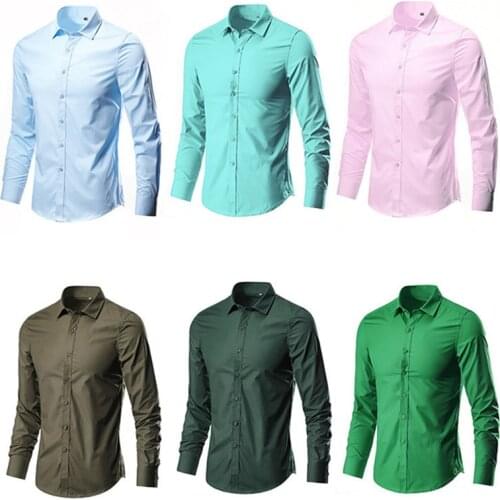 Brand 2019 Men Shirt 17colors Solid White Dress Shirt Long Sleeve Slim Fit Business Camisa Masculina Casual Male Hawaiian Shirts