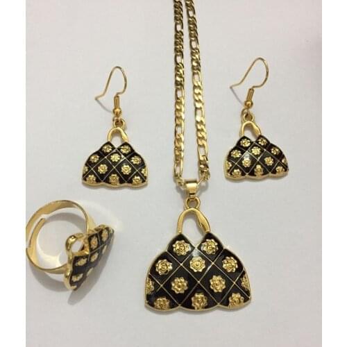 Handmade crystal BAG Pendan Necklaces Earrings Gold Color PNG Jewellery Set Papua New Guinea Wedding party women girls gifts