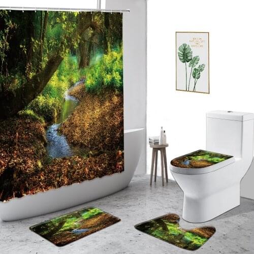 Green Forest Scenery Waterproof Shower Curtain Autumn Red Maple Leaf Bathroom Decoration Anti-slip Carpet Toilet Cover Door Mat