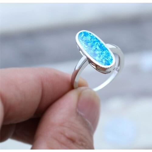 Blue White Fire Opal Stone Wedding Ring Charm Female Big Oval Stone Ring Vintage Silver Color Engagement Promise Rings For Women