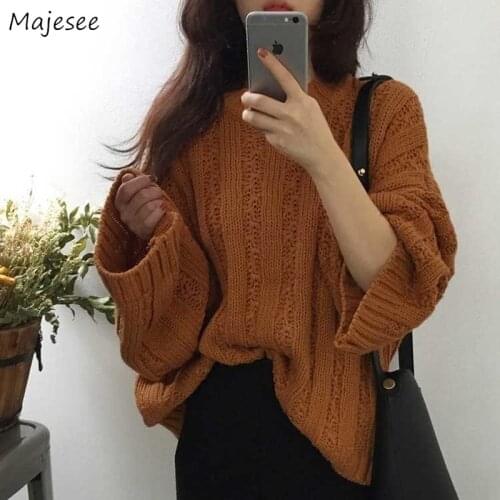Pullovers Womens Autumn Flare Long Sleeve Retro Oversize Simple O-neck Lazy Sweaters Loose Vintage Knitted Fashion Korean Soft