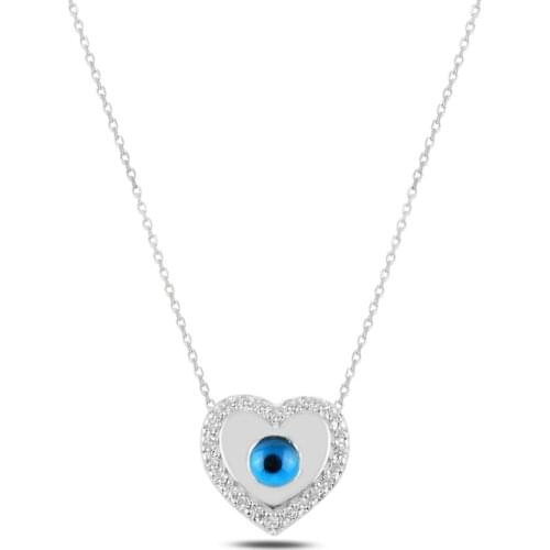 Silver 925 Sterling Heart Eye & Zircon Crystal Necklace