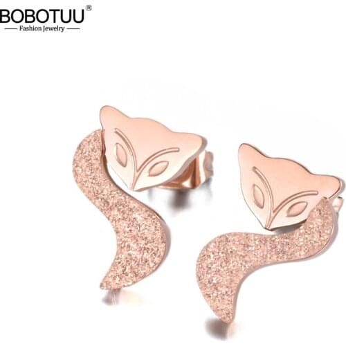 BOBOTUU Fashion Office Jewelry Animal Element Fox Shape Stud Earring Rose Gold Color Stainless Steel Earrings Best Gift BE18486