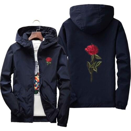 New Fashion Rose Jacket Windbreaker for Men Women Embroidery College Jackets Man Zipper High Quality Rose Embroidery Hooded