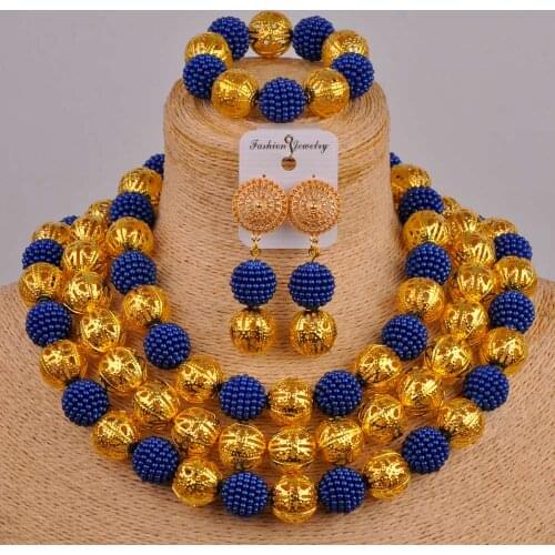 Royal blue and gold african jewelry set costume necklace women nigerian beads wedding jewelry sets ZZ21
