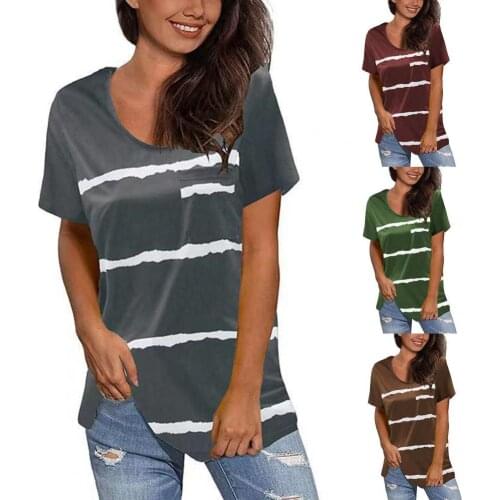 Women T-shirt Fashion Casual Striped Short Sleeve O Neck T-shirts Pocket Loose Top Summer Tees T Shirt