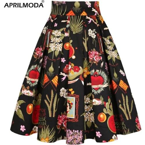 Western Girl Print High Waist Floral Pleated Skirt 50s 60s Women Summer Black Flower Rockabilly Vintage Midi Plus Size Skirts