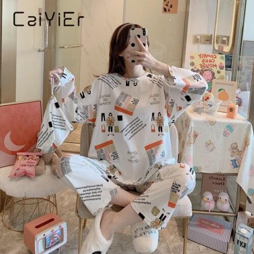 CAIYIER Autumn Winter Cotton Women Pajamas Suit Cute Cartoon Printing Sleepwear Round Neck Long Sleeves Pants Home Sleepwear 2XL