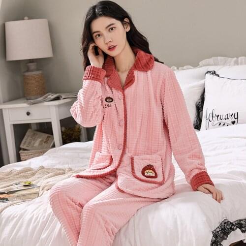 Winter Sleepwear Womens Pajamas Set Plush Warm Long-sleeved Trousers Solid Color Cardigan Nightcloth Lounge Wear