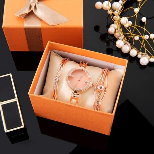 3Pcs Ladies Bracelet Watches Set Skin Band Simple Design Quartz Watches with Alloy Bracelets Gift Box for girlfriend