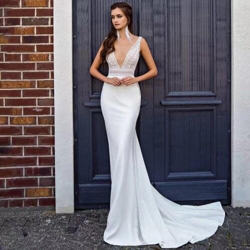 9806# Elegant Deep V-Neck Mermaid Wedding Dresses 2021 Sleeveless Lace Vintage Civil Satin Bridal Gown For Women Backless