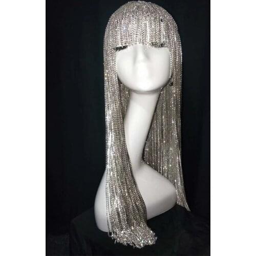 Bar Ds Dj Female Singer Dance Silver Rhinestone Chain Wig Headdress Headgear Flashing Diamond Rave Costume Accessories DT2945