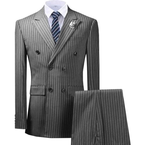 Double Breasted Peak Lapel Stripes Grey Blazer Two Pieces Mens Suit with Pants Formal Silver Jacket For Wedding Groom Tuxedos