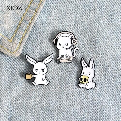 XEDZ Cute cartoon white three rabbit brothers listen to music eat snacks drink beverage skull enamel pin romantic badge punk clo