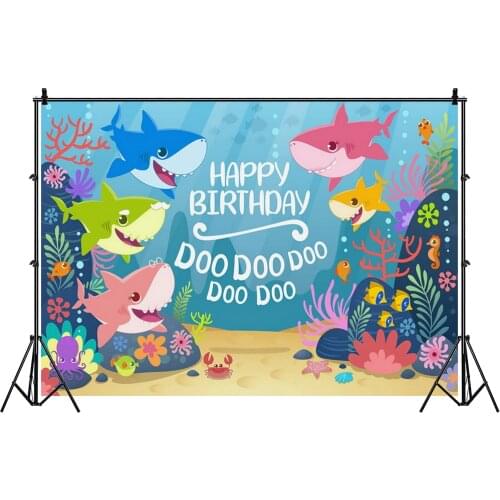 Ocean Shark Photography Backdrop Happy Party Baby Shower Kids Sea Fish Photo Background Studio Prop Decoration
