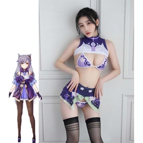 Game Genshin Impact Keqing Cosplay Bikini Anime Sukumizu Costume Lolita Girls 3D Print Turtleneck Tops Skirt Underwear Drop Ship