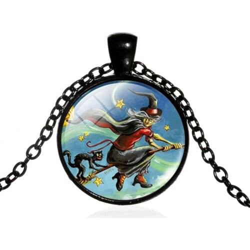 Classic Halloween Evil Witch Broom Black Cat Stars Round Glass Pendent Necklace for Women Men Girls Kid Neck Collar Jewelry Gift
