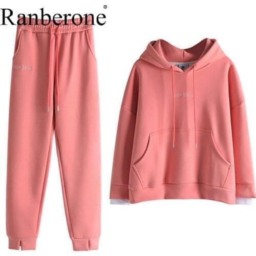 Ranberone 2 Pieces Set Womens Tracksuit Oversize Hoodie Long Sleeve + Jogging Pants Suit Female Letter Sports Suits Wives New