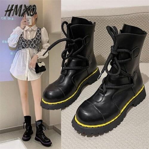 HMXO Handsome Autumn Martin Boots Women Color Side Boots Short Tube Thick Bottom British Style Thick Heel Motorcycle Boot Female