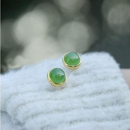 Wanbiqi Natural Hetian Jade Green Jade round Studs S925 Sterling Silver Earrings Simple and Popular Earrings