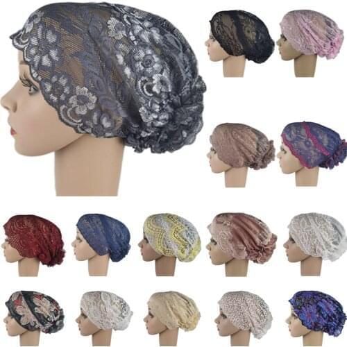 Flower Lace Women Muslim Inner Cap Arabic Hijab Scarf Islamic Headwear Turban Bonnet Hat Ninja Caps Underscarf Hair Loss Covers