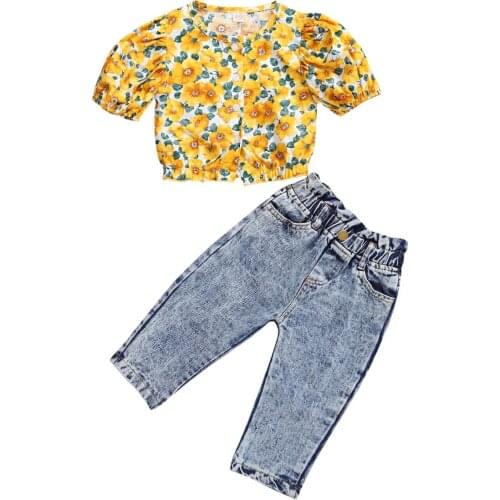 1-6 Y Summer Autumn Baby Girls Clothes Set Yellow Floral Printed Short Puff-Sleeves Top + Elastic-Waist Jeans 2pcs Outfits