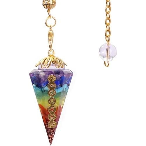 Reiki Charm Orgonite Pendulum 7 Chakra Natural Stone Rainbow Dowsing Healing Point Pendant Chain Pendulum Gifts