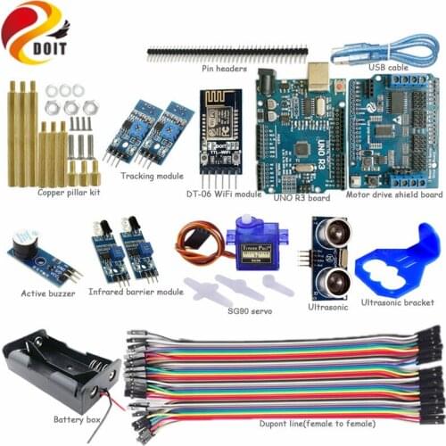 Officail DOIT WiFi Control Avoidance Tracking Smart Car Kit with UNO R3 Board+Ultrasonic+Buzzer+SG90 Servo DIY