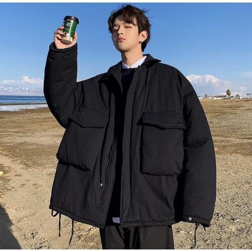 Parkas Men Solid Turn-down Collar Big Pockets All-match Loose 3XL Korean Harajuku Mens Winter Coat Fashion Streetwear