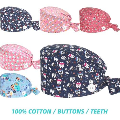 Pure Cotton Nurse Hat Unisex Teeth Printing Bandage Sanitary Nursing Hats Sweatband Beauty Salon Dentist Worker Surgicals Caps