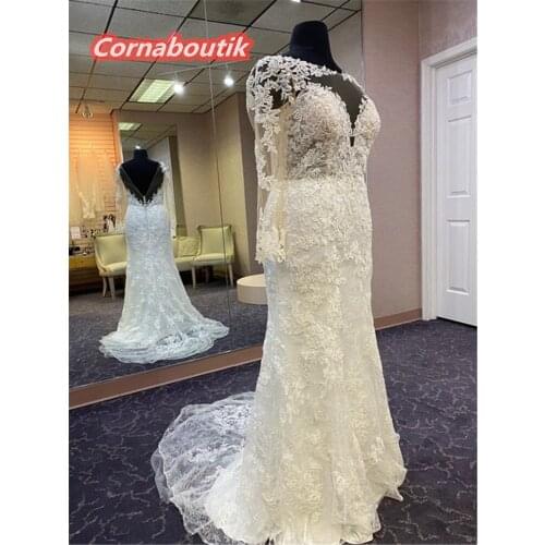 Vintage Lace Formal Wedding Dress COR-018 Long Sleeves Low Back Illusion Neckline Appliques Bridal Gowns Vestidos De Noiva
