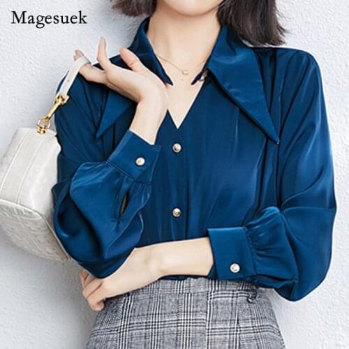 Women Clothes Blusas Mujer 2021 Autumn Elegant Gentle Lady Shirt V-neck Senior Satin Blouse Woman Solid Long-sleeved Shirt 15812