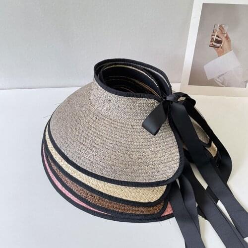 Elegant Bowknot Natural Raffia Straw Empty Top Hat For Women Summer Beach Sunscreen Korean Fashion Chapeu Feminino Sun Cap Visor