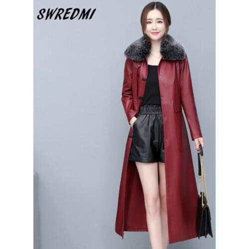 Long Leather Trench Women With Large Fur Many Style Choose Spring Coat Autumn Leather Clothing Outerwear Oversized Suede SWREDMI