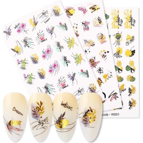 Gold Water Nail Stickers Summer Flower Water Decals Dress Slider Nail Foil Wraps DIY Nail Art Decoration