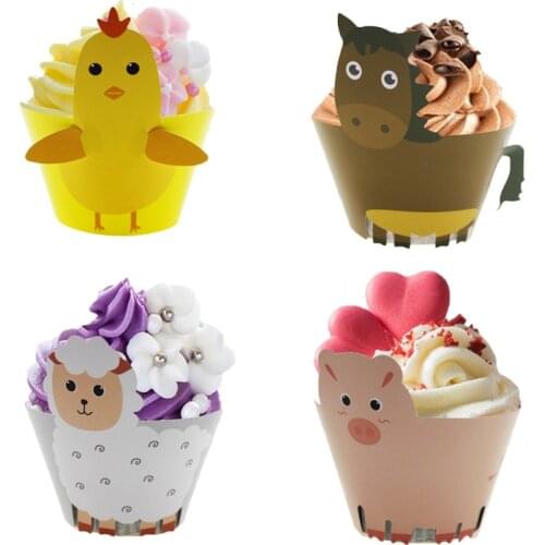 12Pcs Kids Birthday Party Decoration Farmer Party Cupcake Wrappers Farm Animals Chicken Horse Sheep Pig Cake Topper Supplies