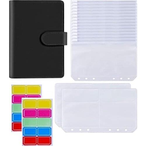 18Pcs A6 PU Leather Binder Cover with 6 Ring Binder Pockets Envelopes for Cash Budget System Documents Cards