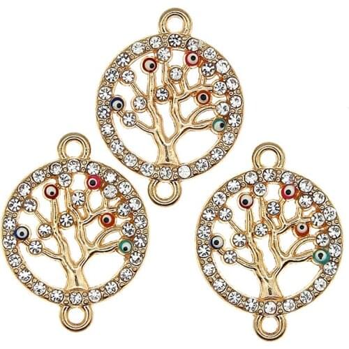 5pcs/lot Turkish Blue Eye Alloy Enamel Charms Inlaid Rhinestones Demon Eye Life Tree Pendant For Metal Earring DIY Jewelry Gifts