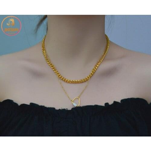 Akizoom Charm Heart Double Layers Necklace Stainless Steel Diamond Necklace for Women Thick Chain Pendant Jewelry Birthday Gift