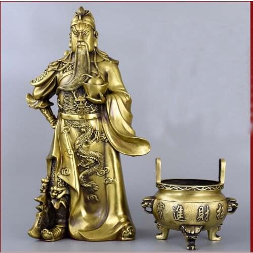Large Asia Home store COMPANY talisman Money Drawing thriving business God of wealth Dragon GUAN GONG COPPER statue + censer