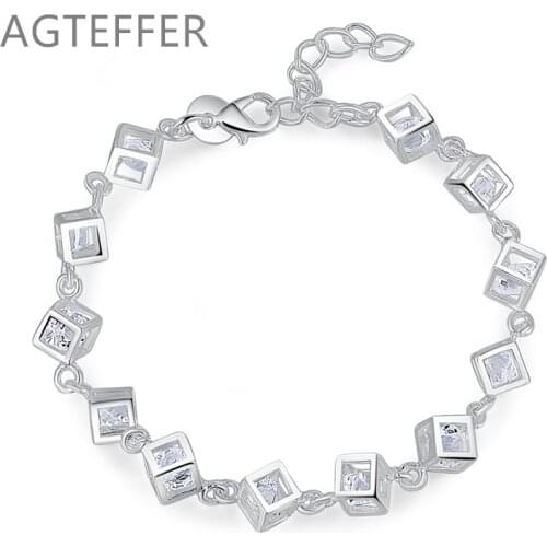 AGTEFFER 925 Sterling Silver Square AAA Zircon Bracelet For Women Wedding Engagement Party Fashion Jewelry